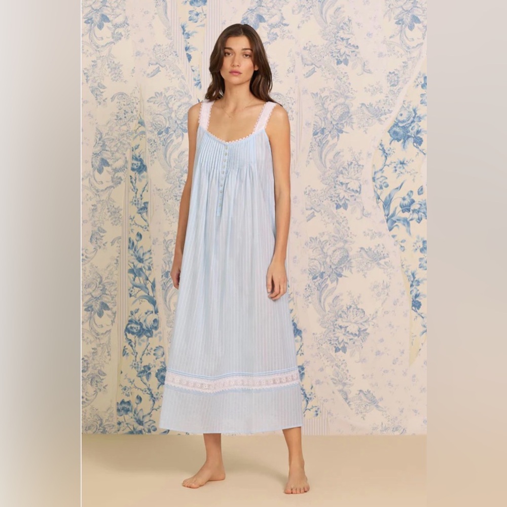 Eileen West Madison Cotton Sleeveless Nightgown SZ S Blue Dobby Stripes